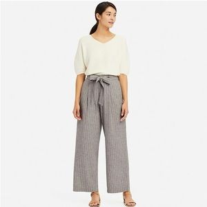Uniqlo Belted Linen Wide Leg Pants - M, Grey/White Stripes
